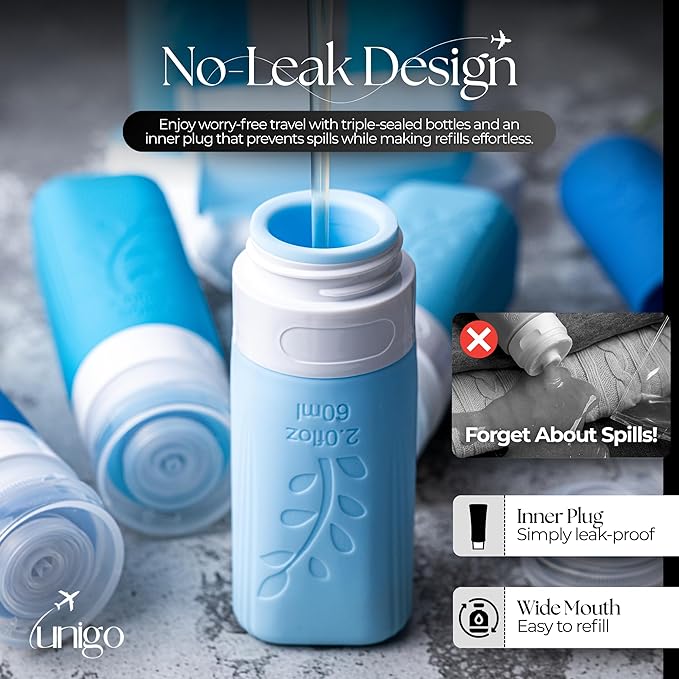 unigo 30pack Full Set TSA Approved Travel Bottles for toiletries, Travel Size Containers for Toiletries, Refillable Leakproof Shampoo and Conditioner Bottles, Toiletry Containers (Blue)