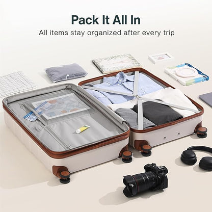 Luggage Sets 3 Piece (3-YEARS VIP SERVICE) Hardside Expandable Ultra Durable 100% PC Lightweight Carry On Travel Suitcase Set with TSA Lock Spinner Wheels, White Brown