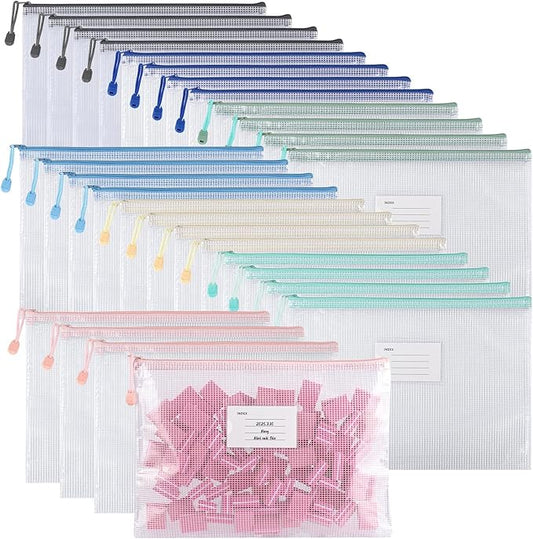 28Pcs Mesh Zipper Pouch Bags，A4 Mesh Storage Bags with Label Pocket，Waterproof Pouches for Organization School, Office & Travel，7 Colors