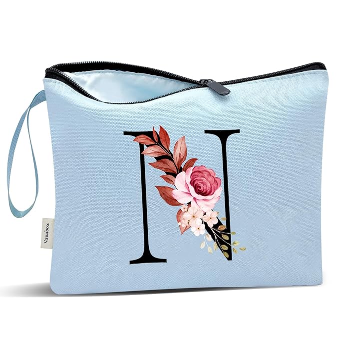 Vavabox A-Z Personalized Makeup Bag, Birthday Gifts for Women Mom, Gifts for Best Friend, Bride Bridesmaid Cosmetic bag (N, Blue)
