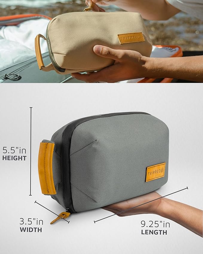 Tech Bag Organizer - Small Electronics Organizer Pouch for Travel - Premium Travel Case with Leather Accents - Mesh Pocket for Cables, Cords and Chargers (Grey)