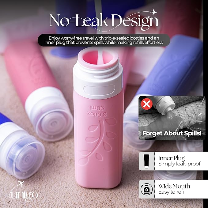 unigo Travel Bottles For Toiletries, 5-pack 3.oz TSA Aprroved Travel Size Bottles, Containers For Toiletries, BPA Free, Leak Prrof, Refillable Containers Bottles (Purple)