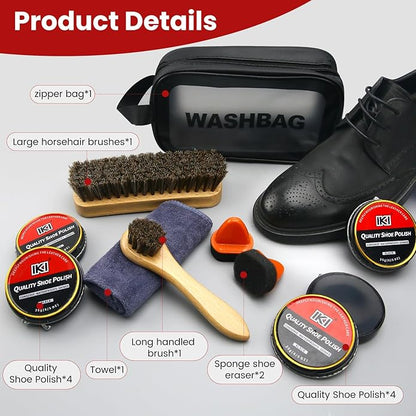 IKI Leather Boot Care Kit - 10 PCS Shoe Polish & Shine Kit with Black Shoe Polish, Sponge Applicators, Horsehair Brush, Microfiber Cloth and Wash Bag, Shoe Care Set for Men & Women