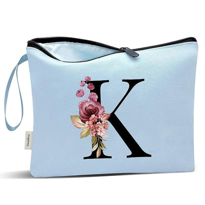 Vavabox A-Z Personalized Makeup Bag, Birthday Gifts for Women Mom, Gifts for Best Friend, Bride Bridesmaid Cosmetic bag (K, Blue)