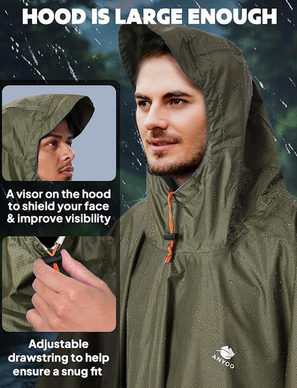 ANYOO Hooded Rain Poncho for Adults Waterproof Lightweight Rain Coat for Men Women Reusable Rain Jacket for Emergency Outdoor