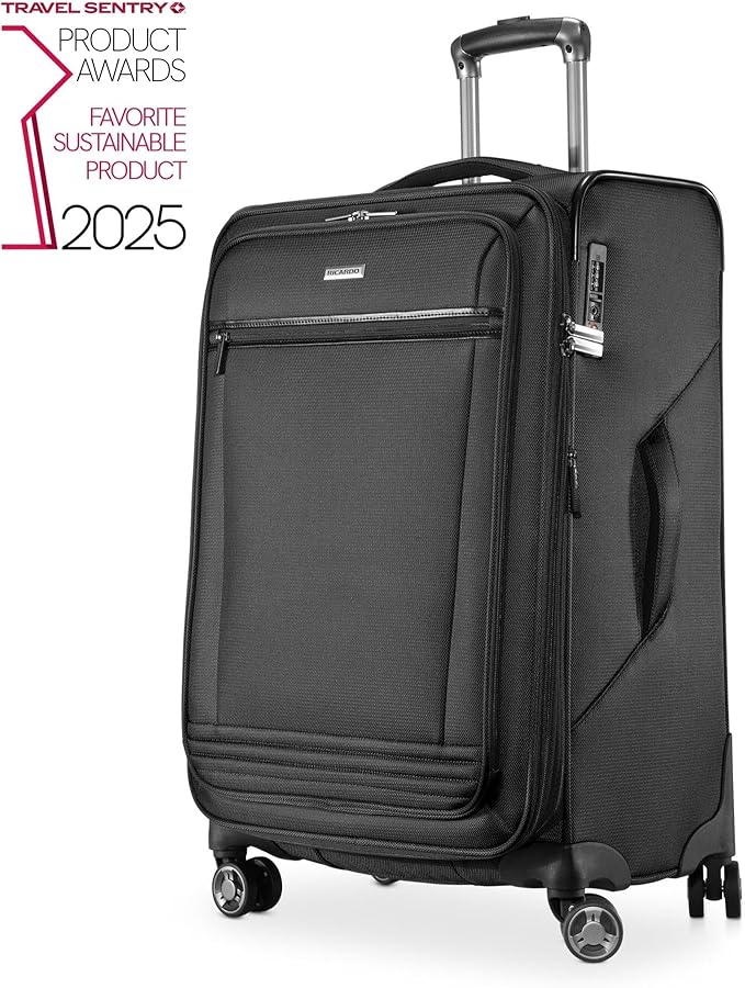 Ricardo Beverly Hills Avalon Softside Medium Check-In Luggage Made with Sustainable 100% Recycled PET (rPET), Lightweight, Eco-Friendly Travel, Expandable, Dual Spinner Wheels, Black, 24-inch