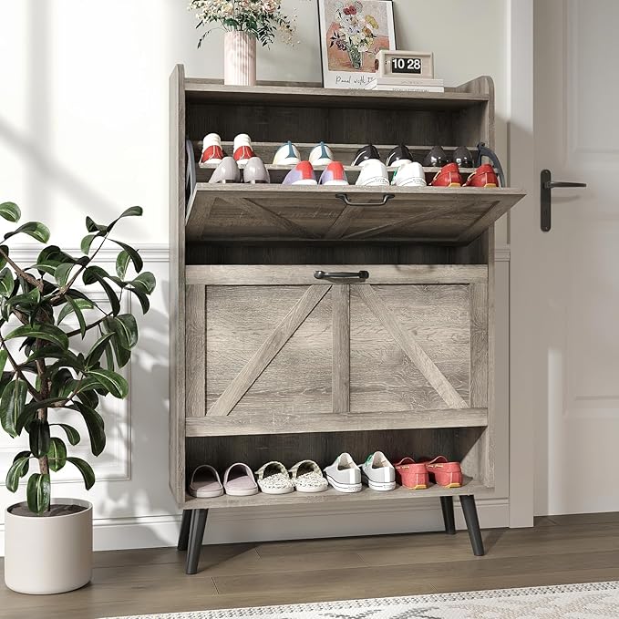 Shoe Storage Cabinet with 2 Flip Drawers, Hidden Shoe Cabinet Storage for Entryway Slim, Farmhouse Shoe Organizer with Wood Legs, Narrow Shoe Rack Cabinet, Washed Gray