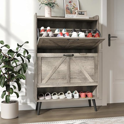 Shoe Storage Cabinet with 2 Flip Drawers, Hidden Shoe Cabinet Storage for Entryway Slim, Farmhouse Shoe Organizer with Wood Legs, Narrow Shoe Rack Cabinet, Washed Gray