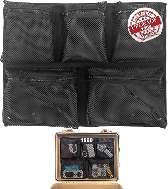 UPGRADED LAFENLIN Lid Organizer for Pelican 1560 Case, 5 Mesh Pockets Storage Organizer, Fits Camera Cases, Diving Dry Boxes, Hard Cases & Toolboxes, Includes Screws & Velcro, Durable, Thickening Mesh