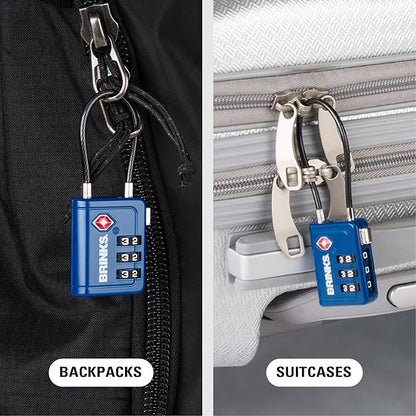 Brinks TSA Accepted Indicator Luggage Lock, Blue - Resettable 3-Dial Combination, 1.5 inch Long Cable Shackle, New More Secure TSA008 Key, 4 Pack