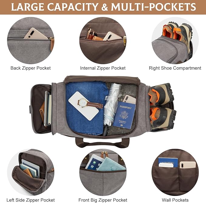 S-ZONE 65L Expandable Canvas Duffle Bag Travel Overnight Holdall Weekend Bag with Shoes Compartment Large Carry On Bag Tote Gym Bag for Men Women, Light Gray, X-Large, Travel Duffle