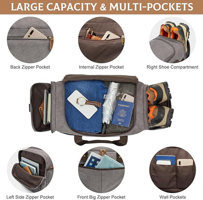 S-ZONE 65L Expandable Canvas Duffle Bag Travel Overnight Holdall Weekend Bag with Shoes Compartment Large Carry On Bag Tote Gym Bag for Men Women, Light Gray, X-Large, Travel Duffle