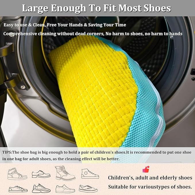 Laundry Shoe Bag, 2PCS Reusable Durable Zipper Shoe Bag for Washing Machine, Sneaker Tennis Shoe Washing Bag for Washer and Dryer, 360° All-Round Cleaning,for All Shoe Types and Sizes (Yellow)