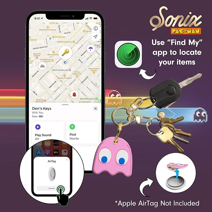 Sonix Keychain Case Compatible with Apple AirTag | Protective AirTag Cover Keychain Charm | Pac-Man Classic - Pinky