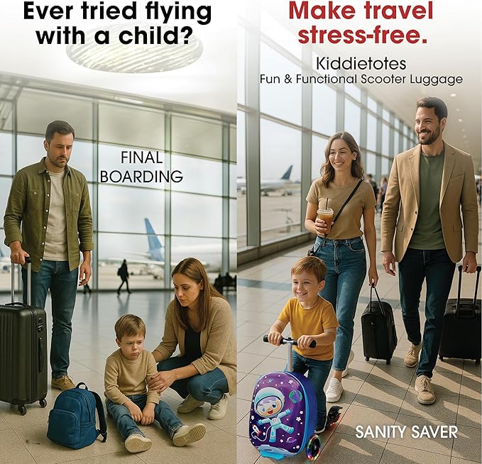 KIDDIETOTES 3-D Hardshell Luggage Scooter for Kids - Lightweight Rideable Luggage for kids - Fits in Overhead Bins - LED Light Up Wheels