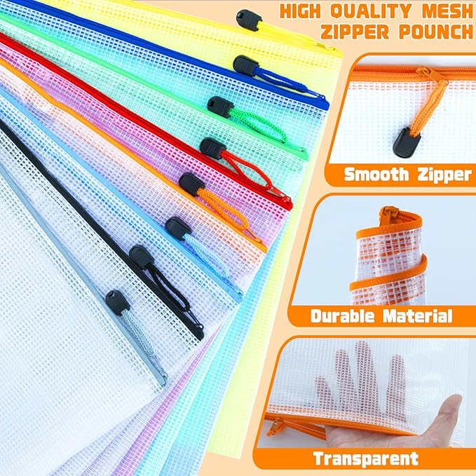 24pcs Mesh Zipper Pouch Bags, A3 16.5x12.5 Inches Large Reusable Zipper Pouches Waterproof Zipper Pouches for Office Supplies, Puzzles, Board Game, School, Travel Accessories& Craft Projects