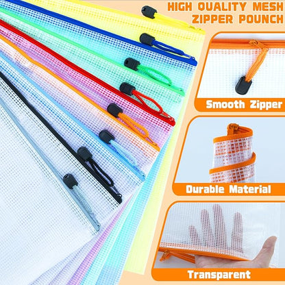 24pcs Mesh Zipper Pouch Bags, A3 16.5x12.5 Inches Large Reusable Zipper Pouches Waterproof Zipper Pouches for Office Supplies, Puzzles, Board Game, School, Travel Accessories& Craft Projects