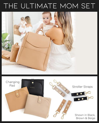 MIA + SOPHIA Leather Diaper Bag Backpack with USB Charging port, Changing Pad, Stroller Straps (Brown Olivia)