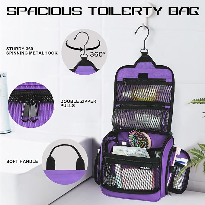 Goloni Hanging Toiletry Bag with Hook, Large Makeup Bag Travel Organizer, Water-Resistant Hanging Cosmetic Bag with 10 Compartments for Women & Men,Purple