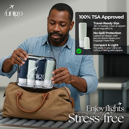 unigo Travel Bottles For Toiletries, 3.oz TSA Approved Containers, Travel Size Toiletries, Shampoo and Conditioner Bottles, Leak Proof and Refillable Bottles, Extra Bottle Covers (White,Black)