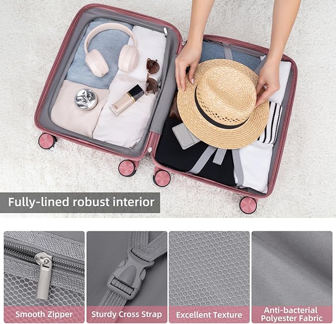 LARVENDER Luggage Sets 3 Piece, Hardside PP Carry On Luggage Suitcase with 360° Spinner Wheels Suitcase Sets for Women Men, Rose Gold