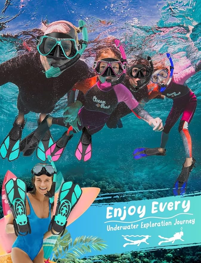 Zenoplige Mask Fins Snorkel Set, Snorkeling Gear for Adults, Panoramic View Snorkel Mask Anti-Fog, Adjustable Dive Flippers, Dry Top Snorkel and Travel Bag, Scuba Gear for Swimming Snorkeling Diving