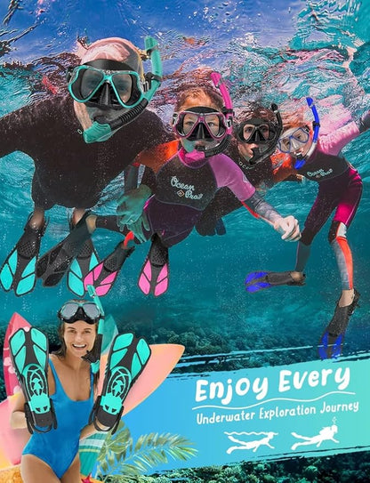 Zenoplige Mask Fins Snorkel Set, Snorkeling Gear for Adults, Panoramic View Snorkel Mask Anti-Fog, Adjustable Dive Flippers, Dry Top Snorkel and Travel Bag, Scuba Gear for Swimming Snorkeling Diving