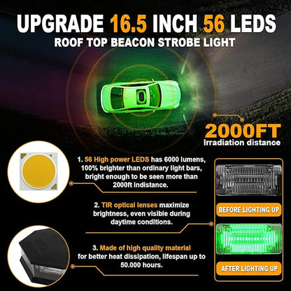 ASPL 16.5 Inch Roof Top Beacon Emergency Strobe Light With Controller - 56 LED Magnetic Warning Caution Bar for Traffic Hazard Plow - Trucks Vehicles Construction Snowplow (Green)