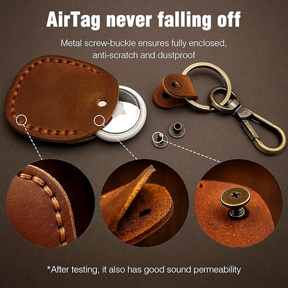 Genuine Leather Airtag Holder, Portable Air tag Keychain with Key Rings, Full Coverage Hidden Case Cover Compatible for Apple Airtag - Black