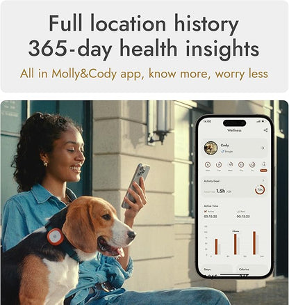 Molly&Cody GPS + Bluetooth Pet Tracker for Cats & Dogs – Real‑Time Tracking, Virtual Fence, IP67 Waterproof, Up to 60‑Day Battery, Health Monitoring, iOS/Android – Subscription Required (White)