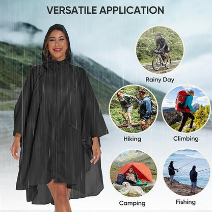 PTEROMY Hooded Rain Poncho for Adult with Pocket and Zipper, Waterproof Lightweight Raincoat for Men and Women