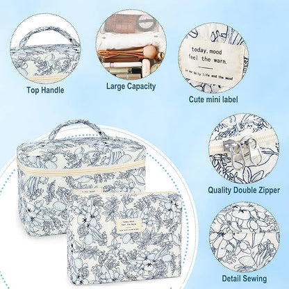 2Pcs Cotton Quilted Makeup Bag for Women Girls Floral Travel Large Small Cosmetic Bag Set Cute Vintage Flower Makeup Pouch Portable Toiletry Bag Organizer Coquette Aesthetic Makeup Brush Bag