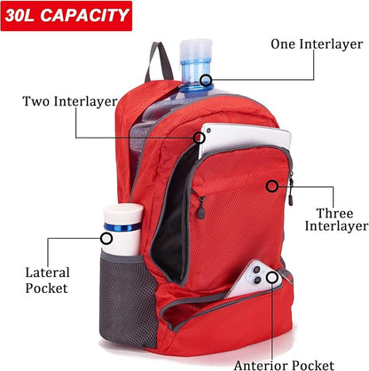 YZAOLL 30L Lightweight Packable Travel Hiking Backpack Daypack Foldable Backpack Water Resistant Daypack for Women Men