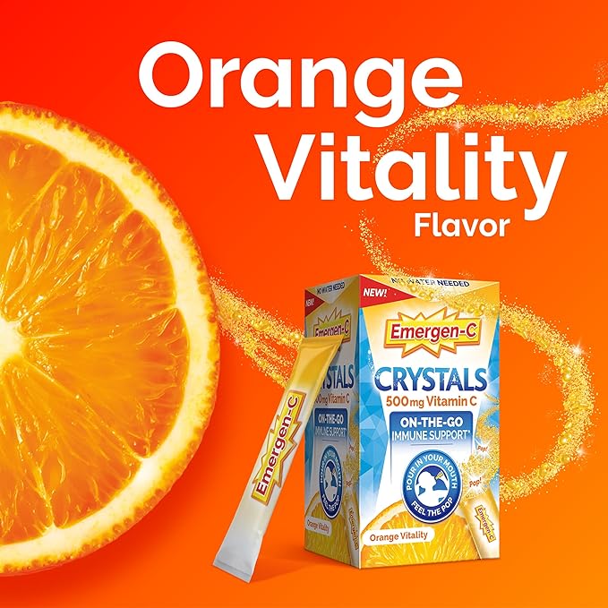 Emergen-C Crystals, On-the-Go Emergen-C Immune Support Supplement with Vitamin C, B Vitamins, Zinc and Manganese, Orange Vitality - 56 Stick Packs