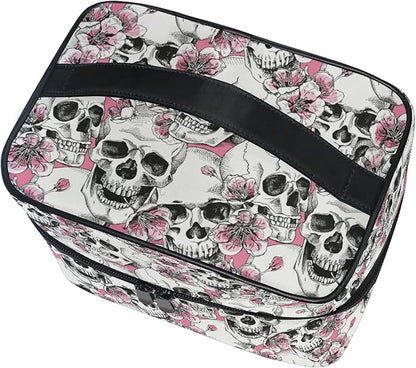 Makeup Bag, Halloween Skull Flowers And Pink Cherries Travel Makeup Organizer Bag Cosmetic Cases Toiletry Bags for Girl Women Ladies