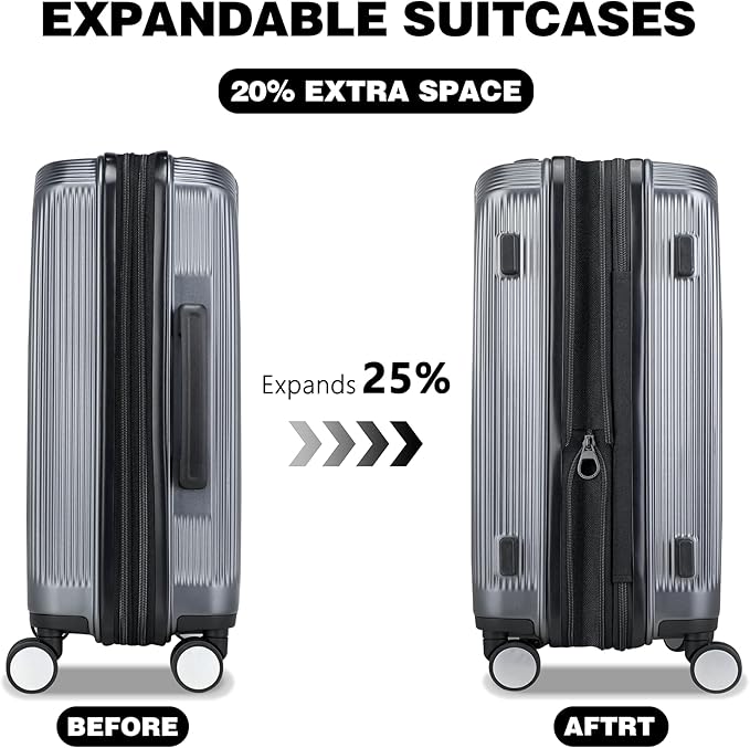 20 Inch Lightweight Expandable Carry On Luggage, PC Hardside Suitcase with Spinner Wheels & TSA Lock, Carry-on 20-Inch, Gray