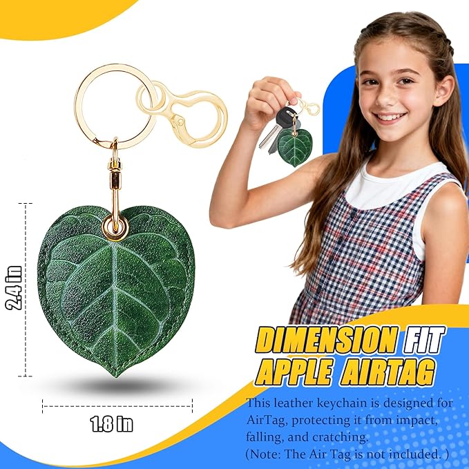 Leather Keychain for Airtag, Cute Protective Keychain Holder Compatible with Apple Air Tag,GPS Item Tracker Case Cover for Keys,Bags,Pets,Luggage(Leaf)
