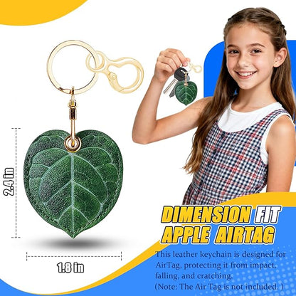 Leather Keychain for Airtag, Cute Protective Keychain Holder Compatible with Apple Air Tag,GPS Item Tracker Case Cover for Keys,Bags,Pets,Luggage(Leaf)