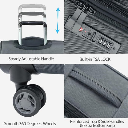 KROSER Softside Expandable Carry On Luggage with Front Business Pockets，20 Inch Suitcases with Spinner Wheels & Built-in TSA Lock, Durable Suitcase Rolling Luggage with USB Port, Grey