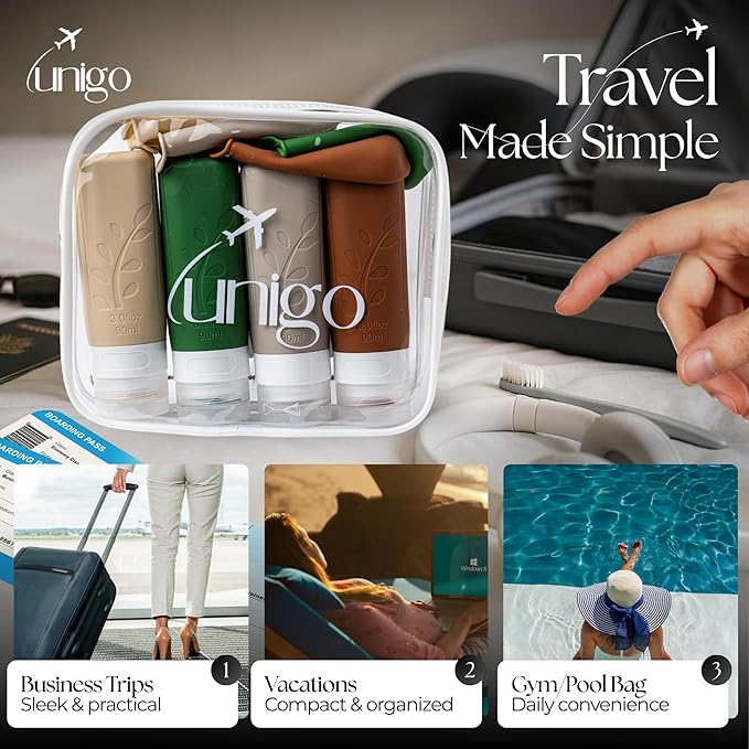 unigo Travel Bottles For Toiletries, 3.oz TSA Approved Containers, Travel Size Toiletries, Shampoo and Conditioner Bottles, Leak Proof and Refillable Bottles, Extra Bottle Covers (Multicolor C)