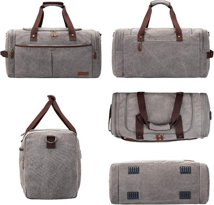 S-ZONE 65L Expandable Canvas Duffle Bag Travel Overnight Holdall Weekend Bag with Shoes Compartment Large Carry On Bag Tote Gym Bag for Men Women, Light Gray, X-Large, Travel Duffle
