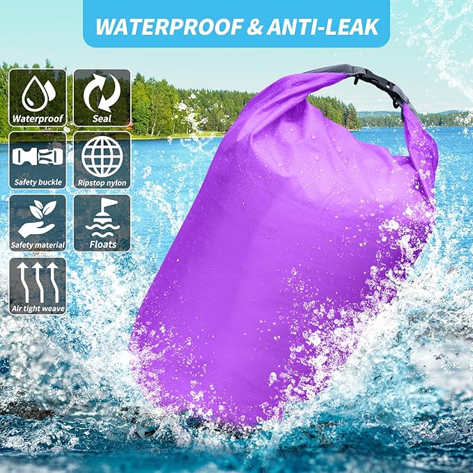 Dry Bag Set, Waterproof Small Lightweight Dry Bags for Paddle Board Kayaking, Fishing, Camping (Purple, 70L 2Pack)