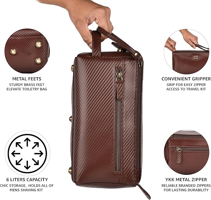 LEATHER VILLAGE Premium Carbon Fiber Genuine Leather Travel Toiletry Bag - Large Dopp Kit, Water-Resistance Bathroom & Shaving Organizer for Men & Women - Brown