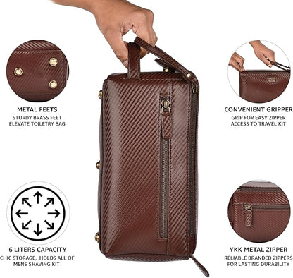 LEATHER VILLAGE Premium Carbon Fiber Genuine Leather Travel Toiletry Bag - Large Dopp Kit, Water-Resistance Bathroom & Shaving Organizer for Men & Women - Brown