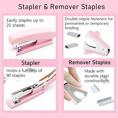 Pink Office Supplies, Pink Desk Accessories, Stapler, Staple Remover, Tape Holder, Pen Holder, Ballpoint Pen, Scissor, Binder Clips, 1000pcs Staples, Phone Holder, Ruler, Transparent Glue and Notes