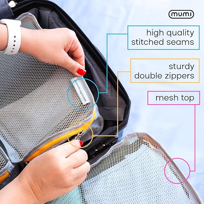 MUMI Packing Cubes - 5 Compression Packing Cubes for Travel, Luggage Organizer Bags for Suitcases, Carry-On, Duffle or Backpack – Mesh, Waterproof Bags for Clothes, Kids & Travel Accessories - Blue