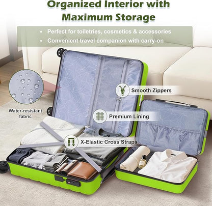 AnyZip Suitcase, 20" Carry On Luggage 14" Mini Cosmetic Cases Luggage Sets Hardside PC ABS Lightweight USB Suitcase with Wheels TSA (2 Piece Set 14/20, AppleGreen)