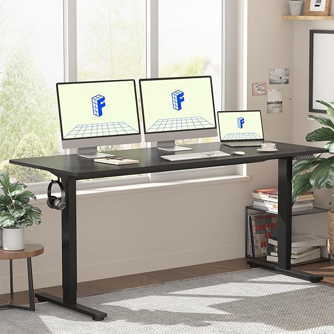 FLEXISPOT EN1 One-Piece Standing Desk with 1-Inch Thick Desktop, 60"x24" Electric Height Adjustable Desk for Home Office & Multi-Device Workstations, Black