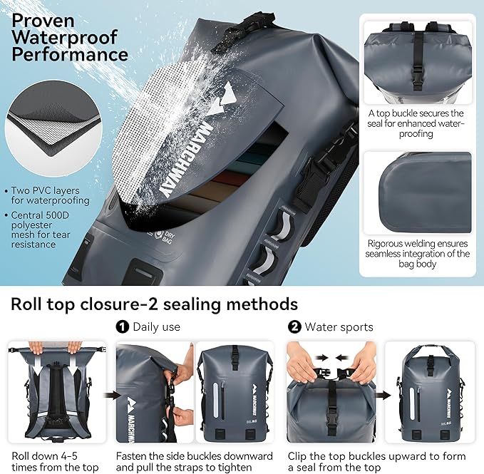MARCHWAY Roll Top Waterproof Backpack, Floating Dry Bag 20L/30L/45L with Ergonomic Rectangular Base, Cushioned Back, Hip Strap for Hiking Camping Kayaking Travel (Grey, 30L)