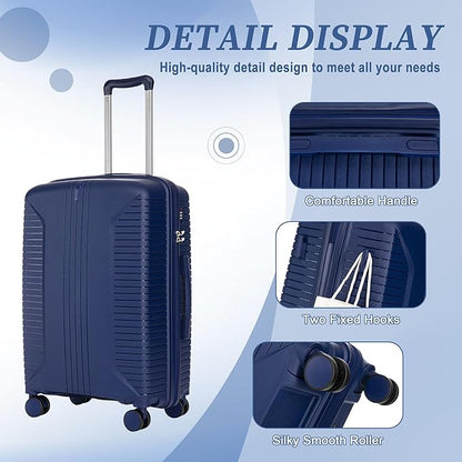 Campfun 3 Piece Luggage Sets, PP Suitcase Set with Double Spinner Wheels Hang Hook, Durable Carry On Luggage with Combination Lock, 20/24/28 inch, Blue